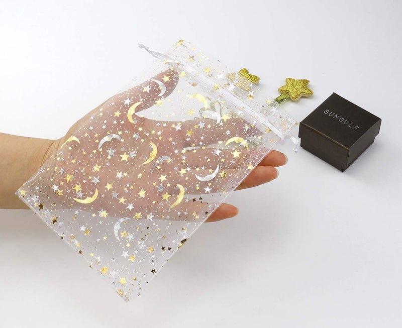 SUNGULF 100Pcs 5x7 Inches Sheer Drawstring Organza Bags Stars and Moon Wedding Party Favor Jewelry Candy Gift Pouches (White) - Image 4